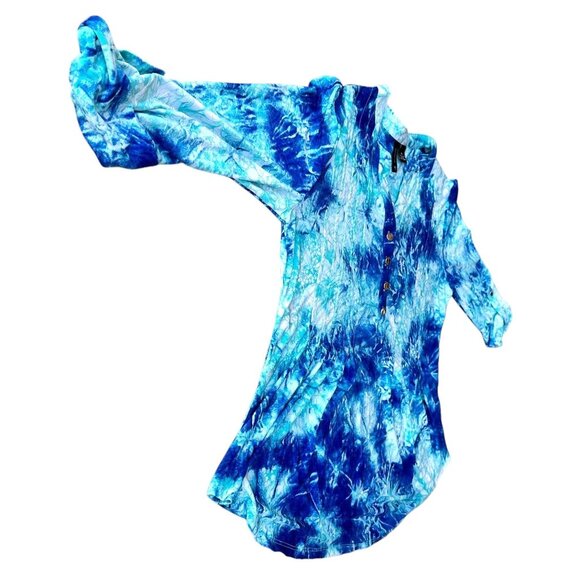 New Directions Tunic Top PM Petite Medium Blue Tie Dye Roll Tab Sleeves … - Picture 5 of 12